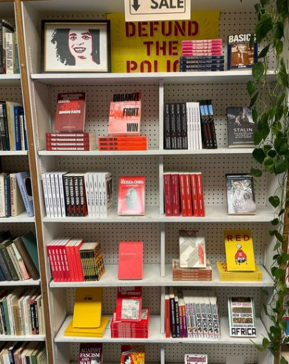 Various books for sale in a white bookshelf